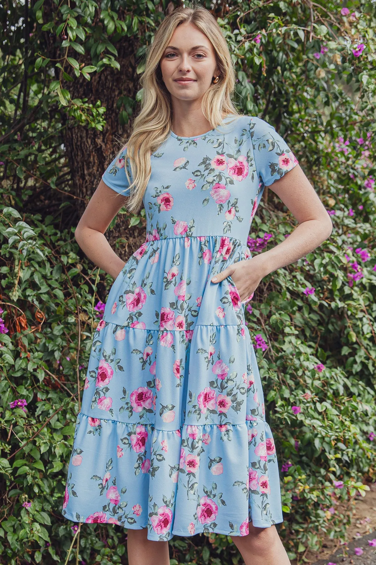 FLORAL SHORT SLEEVE A-LINE TIERED DRESS