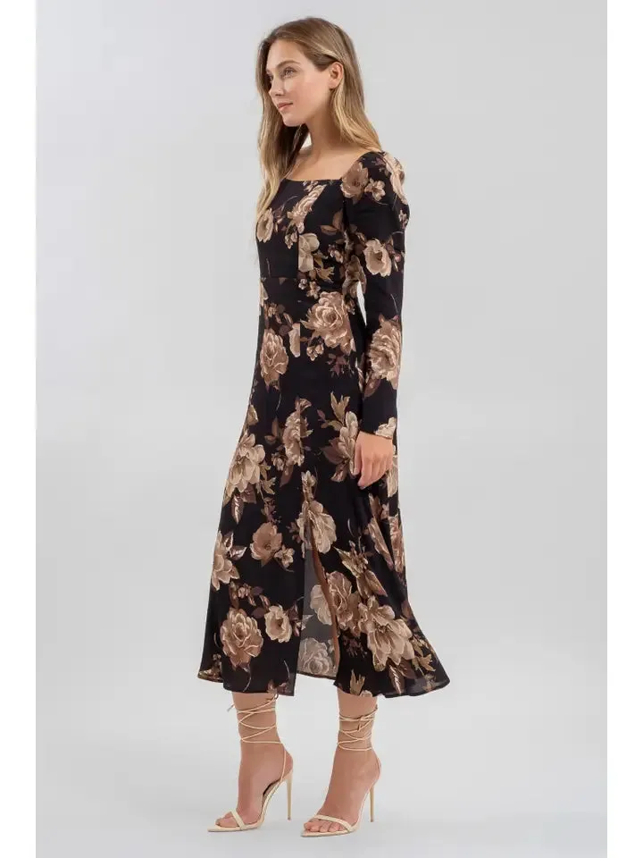 Floral Square Neck Long Sleeve Midi Dress