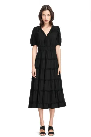 FOCUS by Shani — Tiered Ruffle Trim Midi Dress in Black