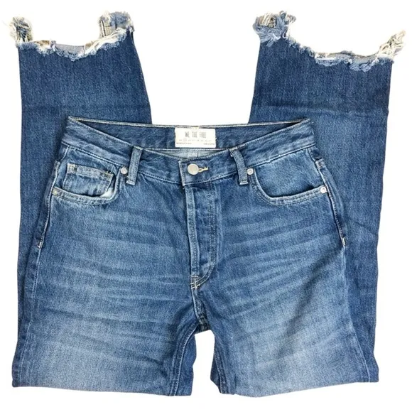 Free People We The Free Cut Off Raw Hem Distressed Straight Leg Jeans Women