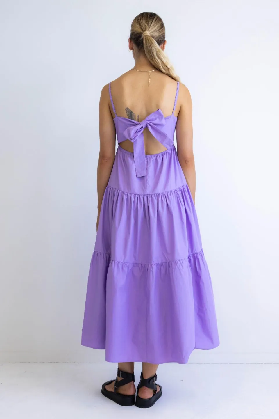 Galaxy Lilac Poplin Tie Back Tiered Strappy Maxi Dress