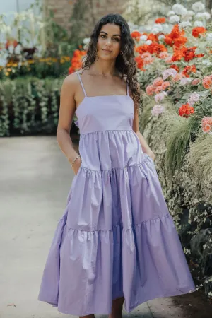 Galaxy Lilac Poplin Tie Back Tiered Strappy Maxi Dress