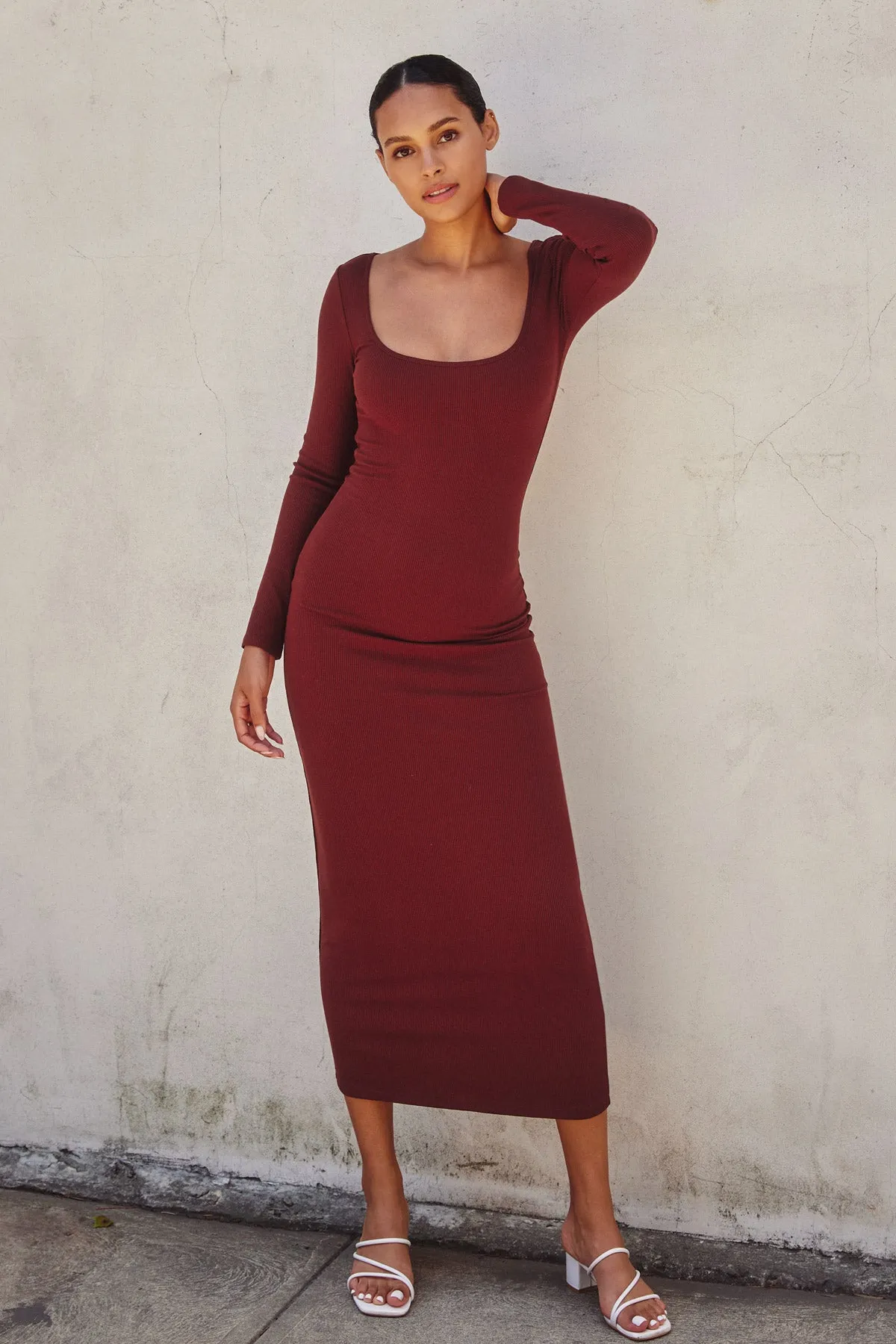 Gilly Ribbed Knit Square Neck Midi Dress
