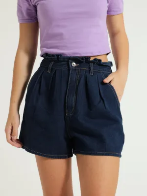 Girls Denim Pleated Paperbag Shorts - Dark Blue