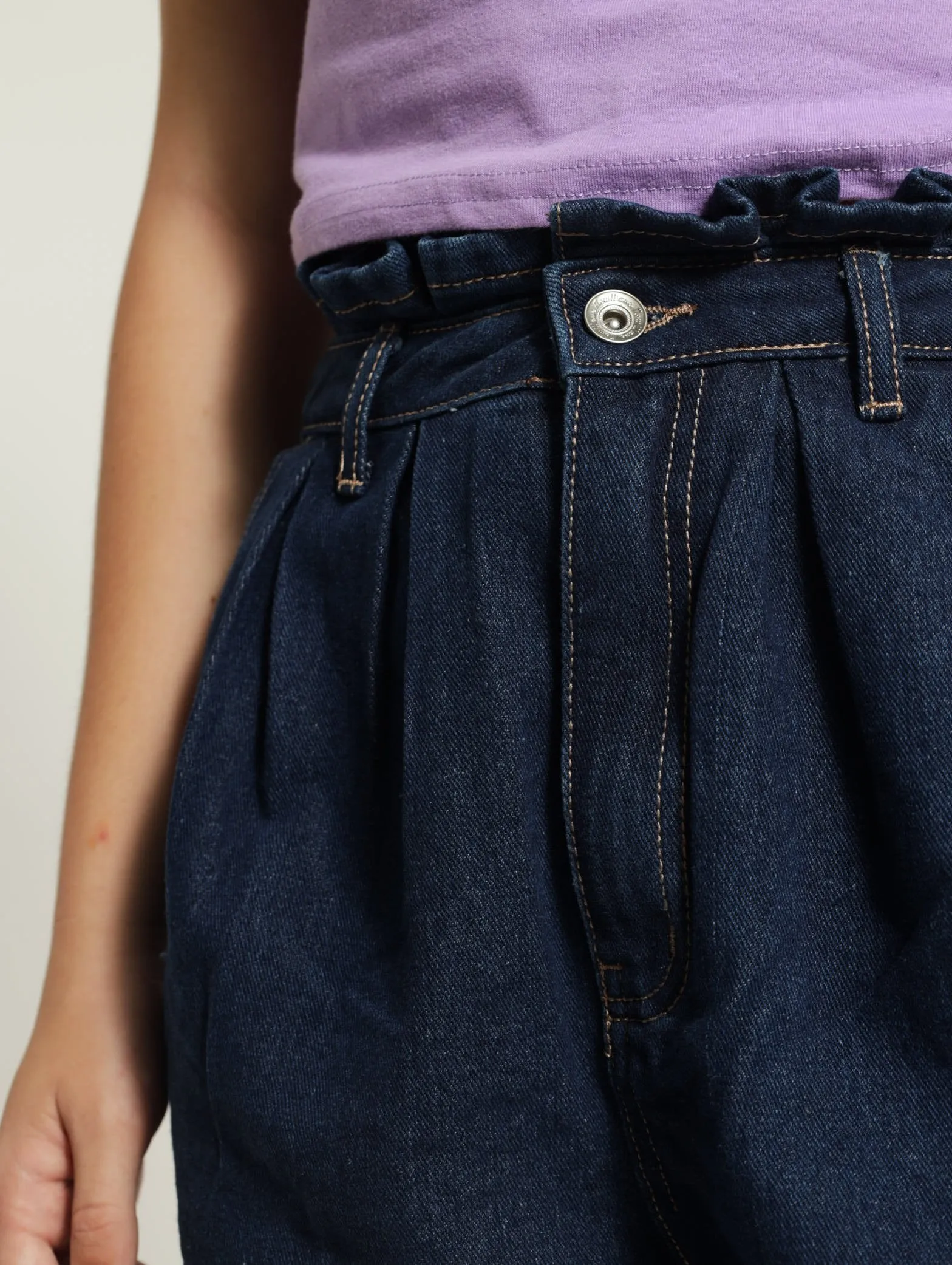 Girls Denim Pleated Paperbag Shorts - Dark Blue