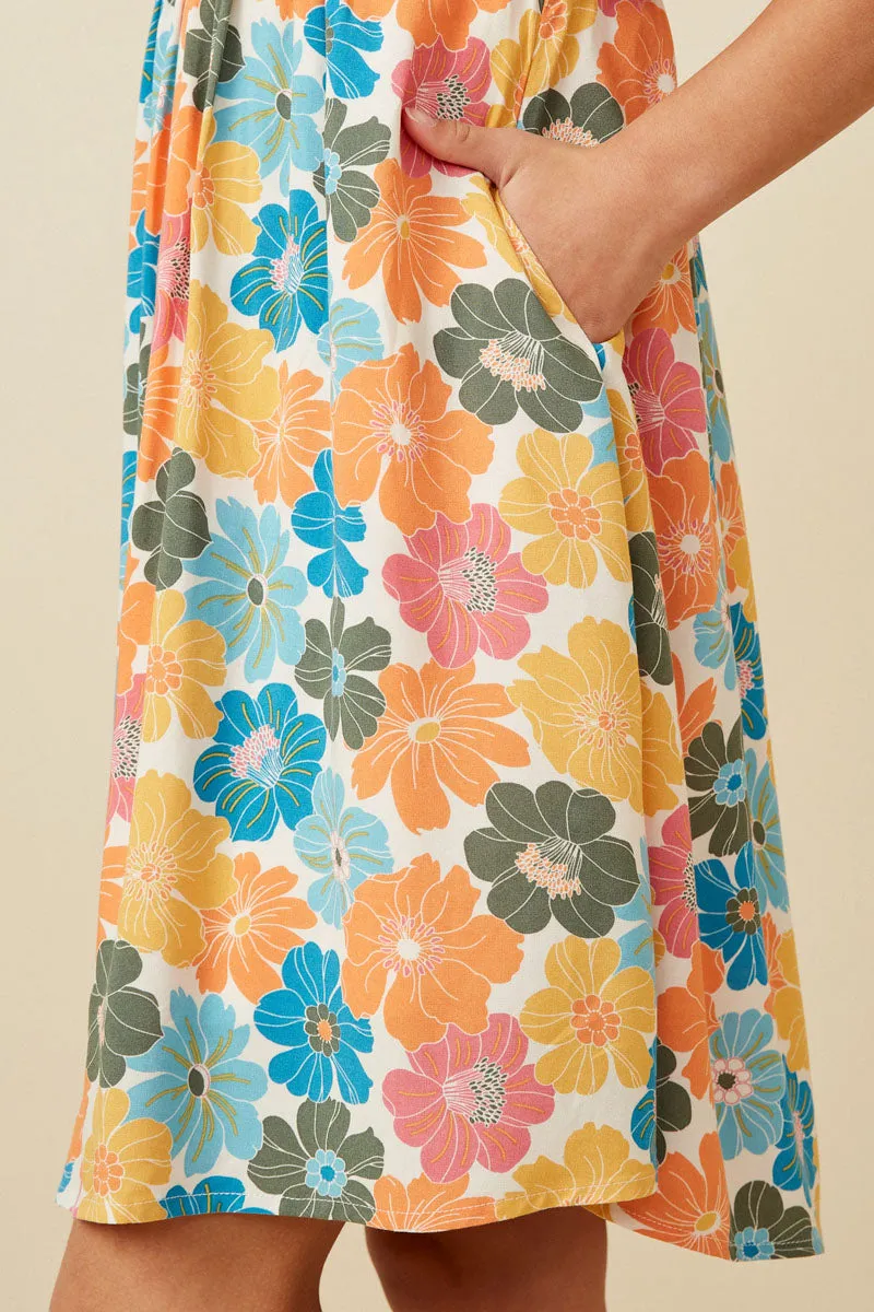 Girls Earthy Floral Square Neck Tie Sleeve Dress