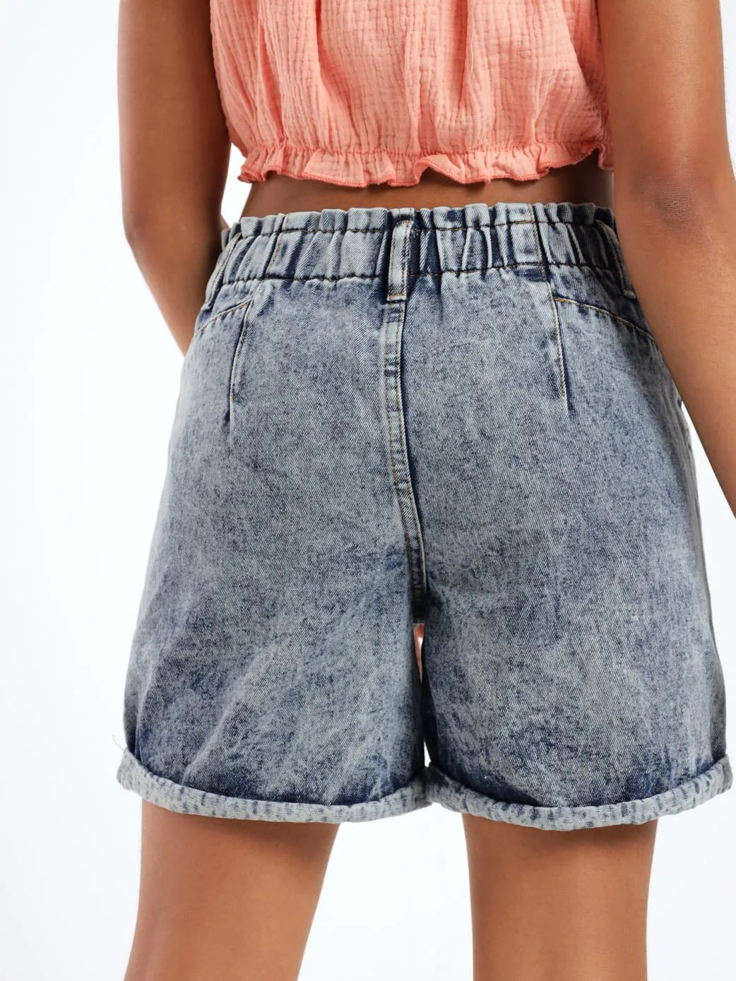 Girls Paperbag Denim Short - Blue