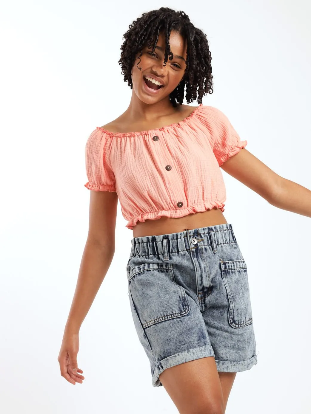 Girls Paperbag Denim Short - Blue
