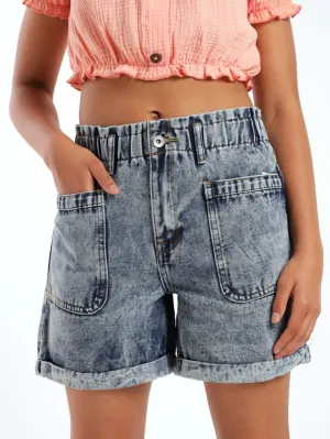 Girls Paperbag Denim Short - Blue