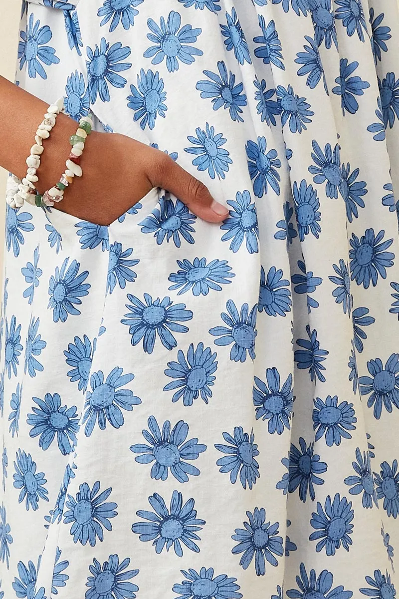 Girls Tie Sleeve Floral Print Square Neck Dress