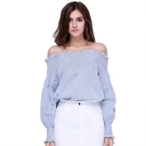 Glorria Women Girls Fashion Cotton Blue White Striped Tops Off the Shoulder Long Sleeve Shirts Loose Elastic Ruffle Blouses