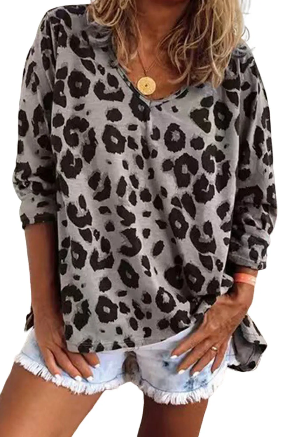 Gray Casual Leopard Split Joint Basic V Neck Tops