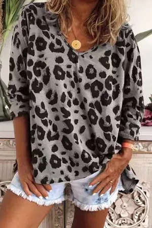 Gray Casual Leopard Split Joint Basic V Neck Tops