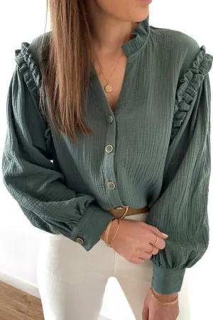 Green Frilled Split Neck Crinkled Shirt