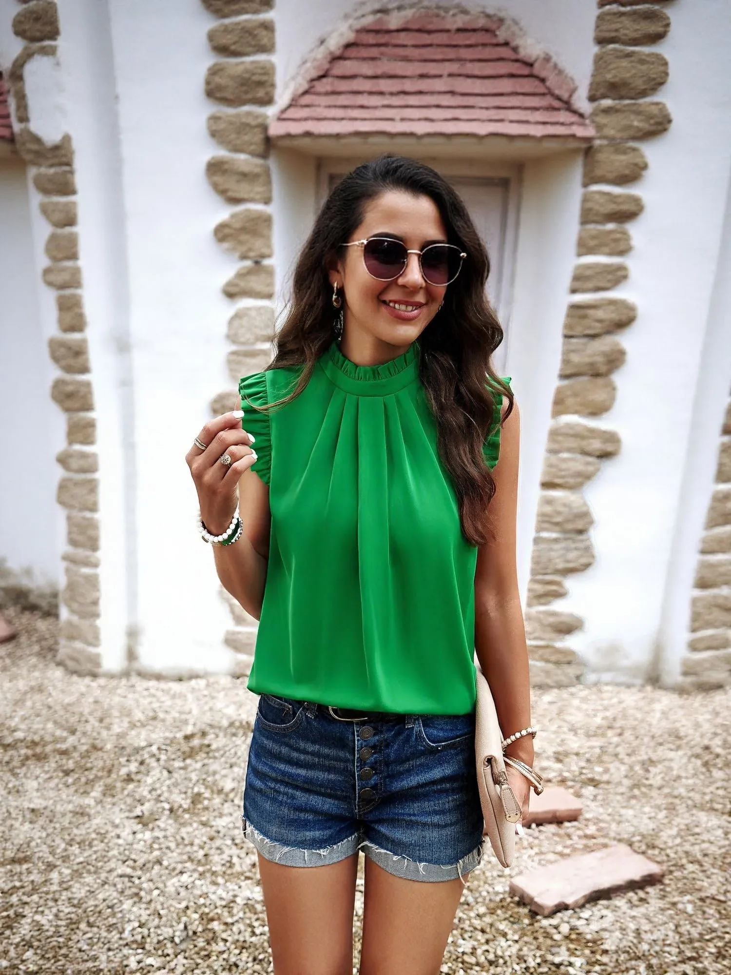 Green High Neck Top With Ruffle Detail