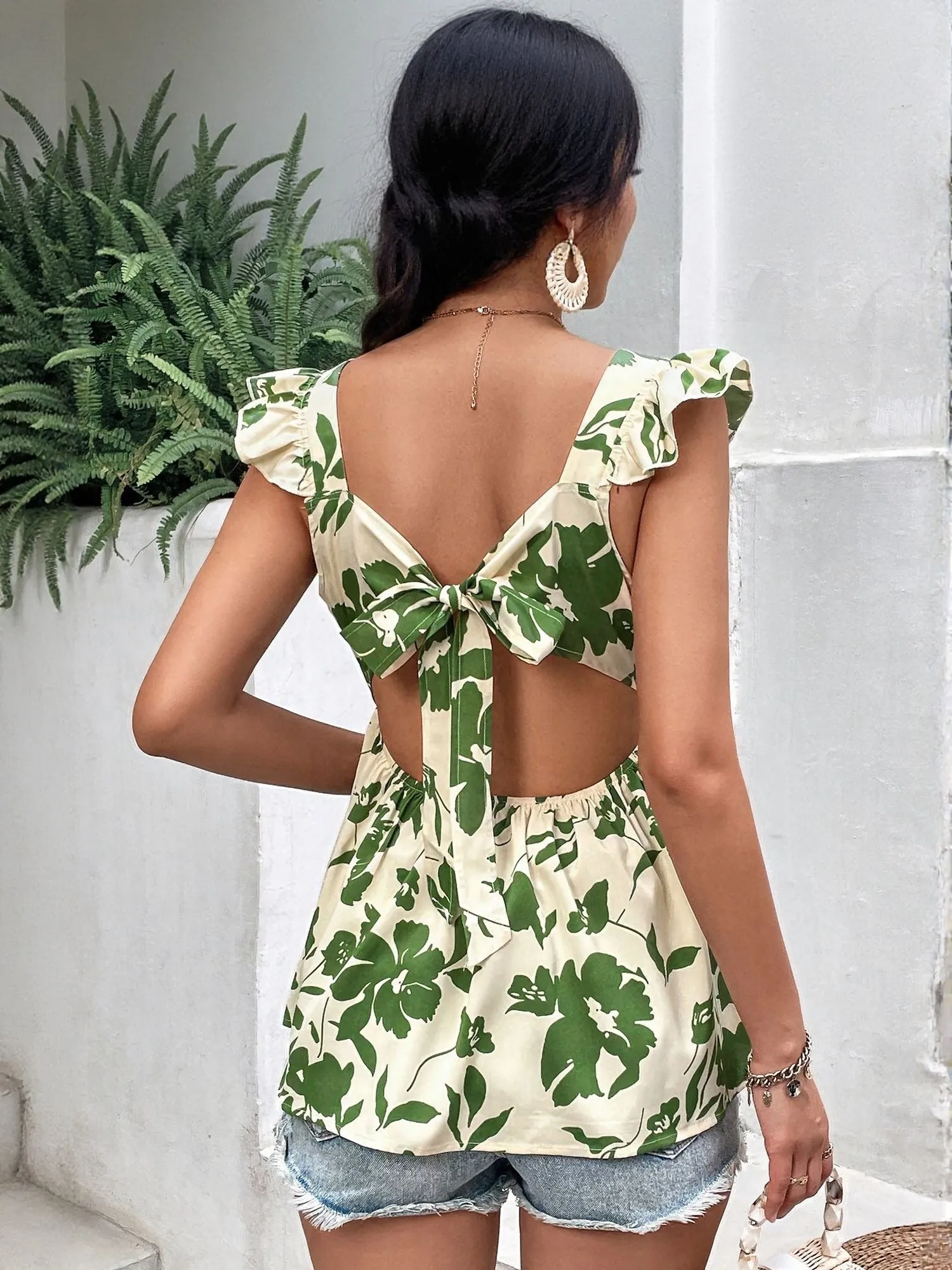 Green Ruffle Sleeve Top With Smocking Detail