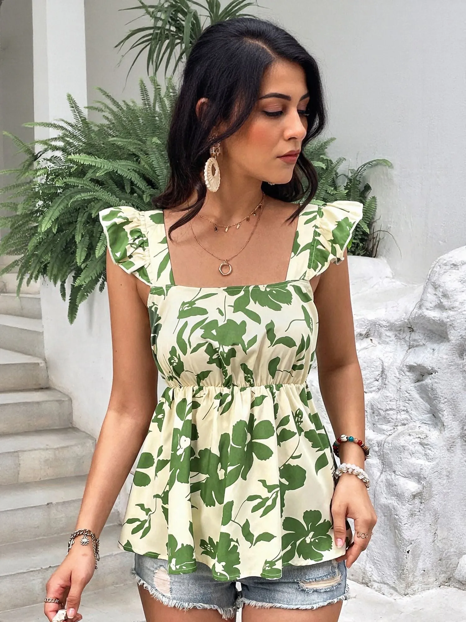 Green Ruffle Sleeve Top With Smocking Detail