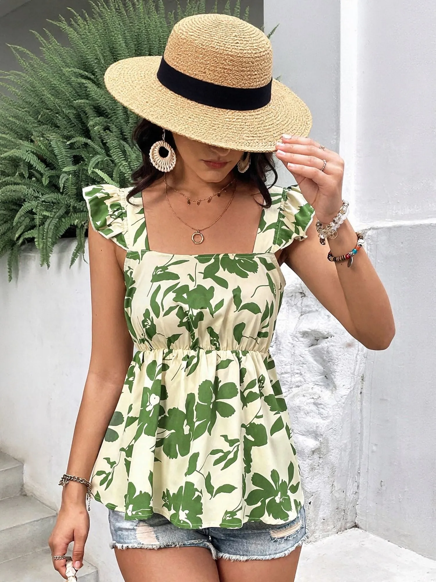 Green Ruffle Sleeve Top With Smocking Detail