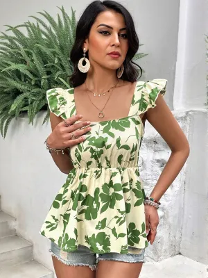 Green Ruffle Sleeve Top With Smocking Detail