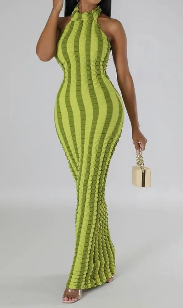 Green Stripe Popcorn Dress