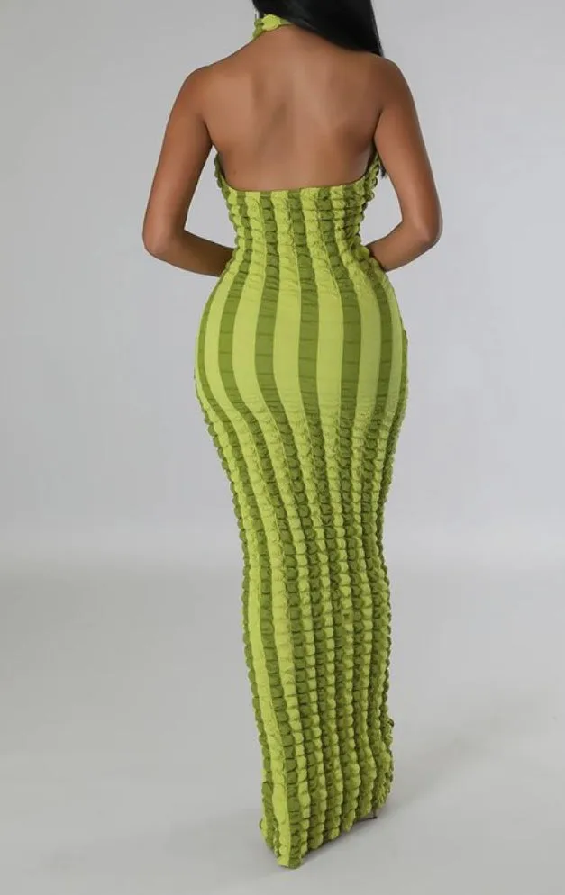 Green Stripe Popcorn Dress