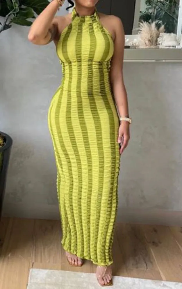 Green Stripe Popcorn Dress