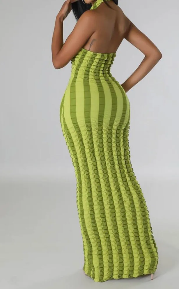 Green Stripe Popcorn Dress