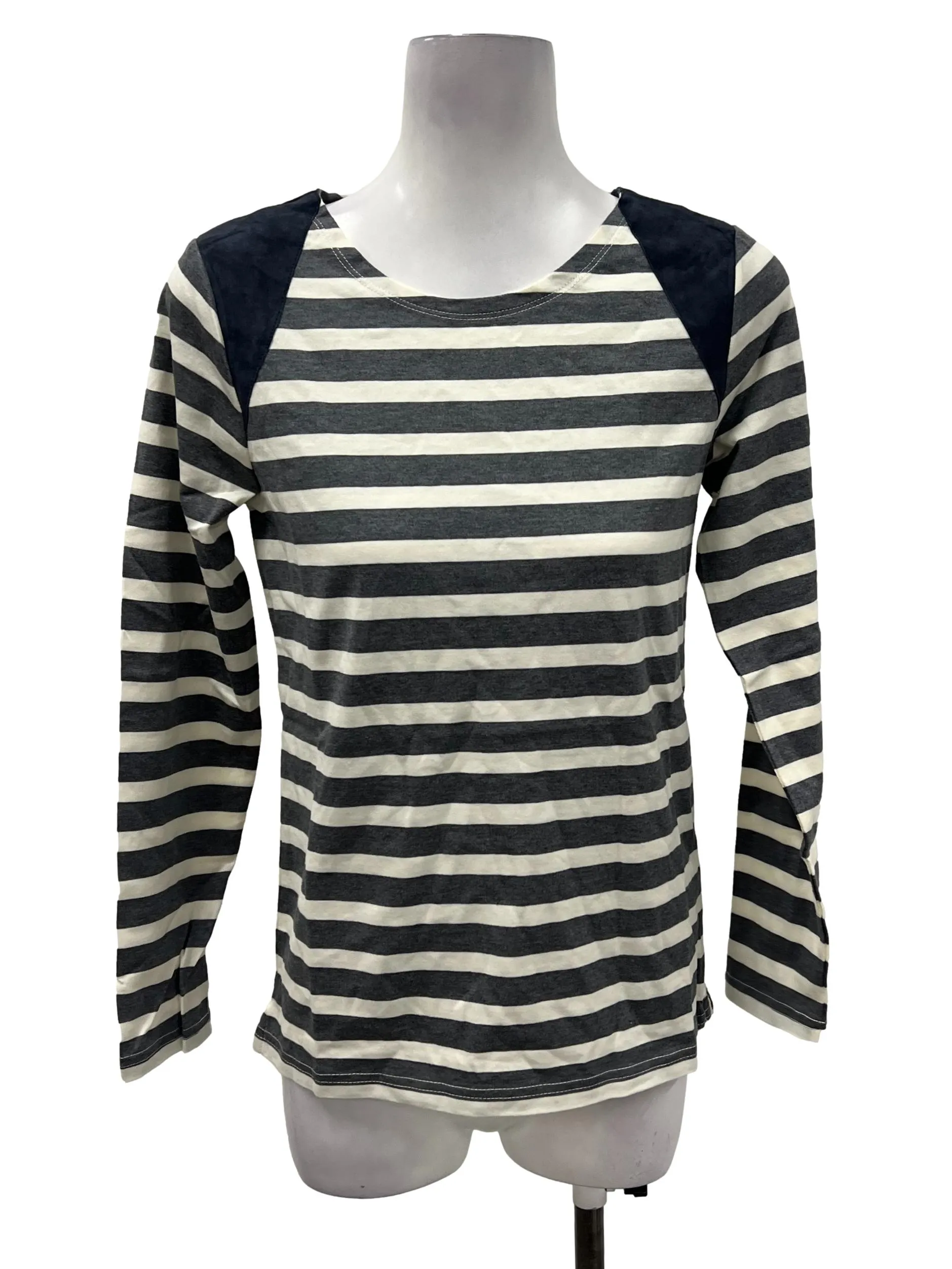Grey Suede Detail Striped Blouse