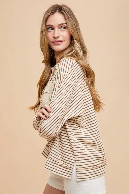 Hazel Blues® |  Annie Wear Striped Button Detail Long Sleeve Polo Top