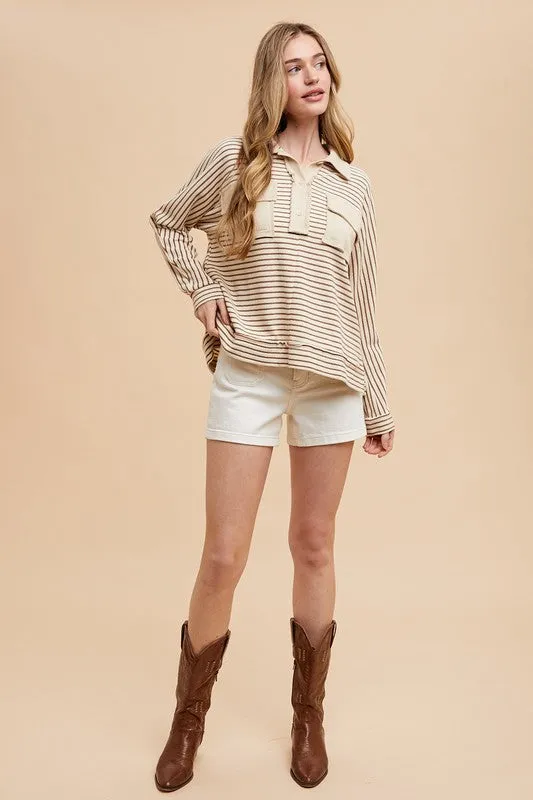 Hazel Blues® |  Annie Wear Striped Button Detail Long Sleeve Polo Top
