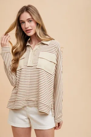 Hazel Blues® |  Annie Wear Striped Button Detail Long Sleeve Polo Top