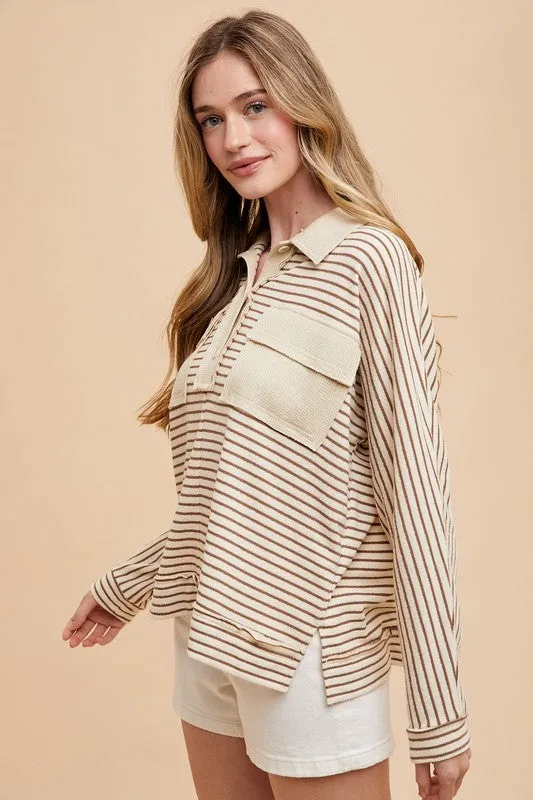 Hazel Blues® |  Annie Wear Striped Button Detail Long Sleeve Polo Top