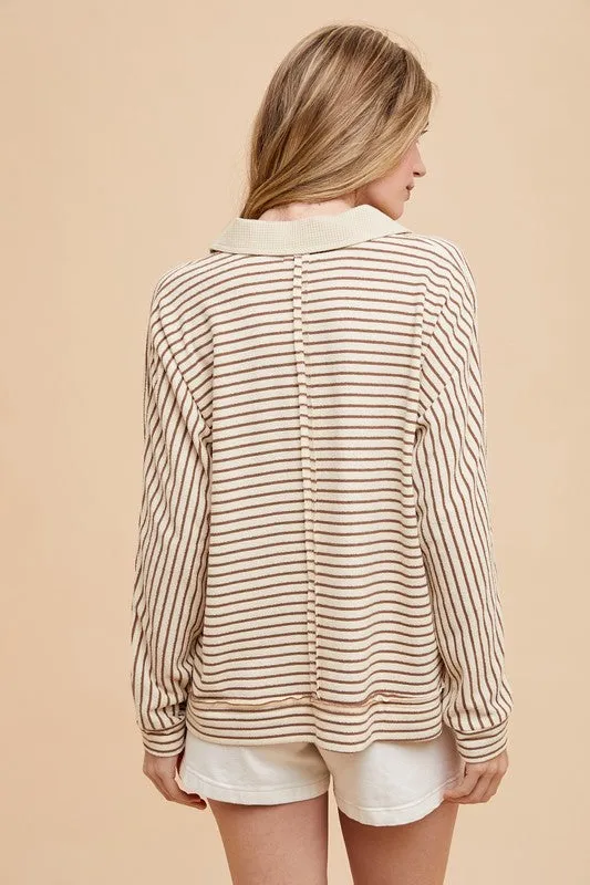 Hazel Blues® |  Annie Wear Striped Button Detail Long Sleeve Polo Top
