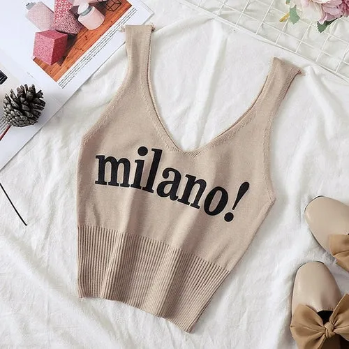 HELIAR Tops Women Sexy Crop Tops Deep V Neck Lettering milano! Camis