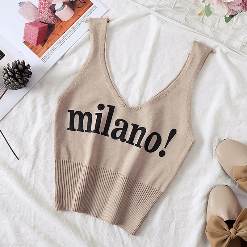 HELIAR Tops Women Sexy Crop Tops Deep V Neck Lettering milano! Camis
