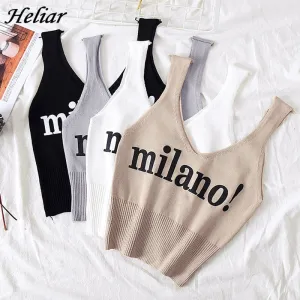 HELIAR Tops Women Sexy Crop Tops Deep V Neck Lettering milano! Camis