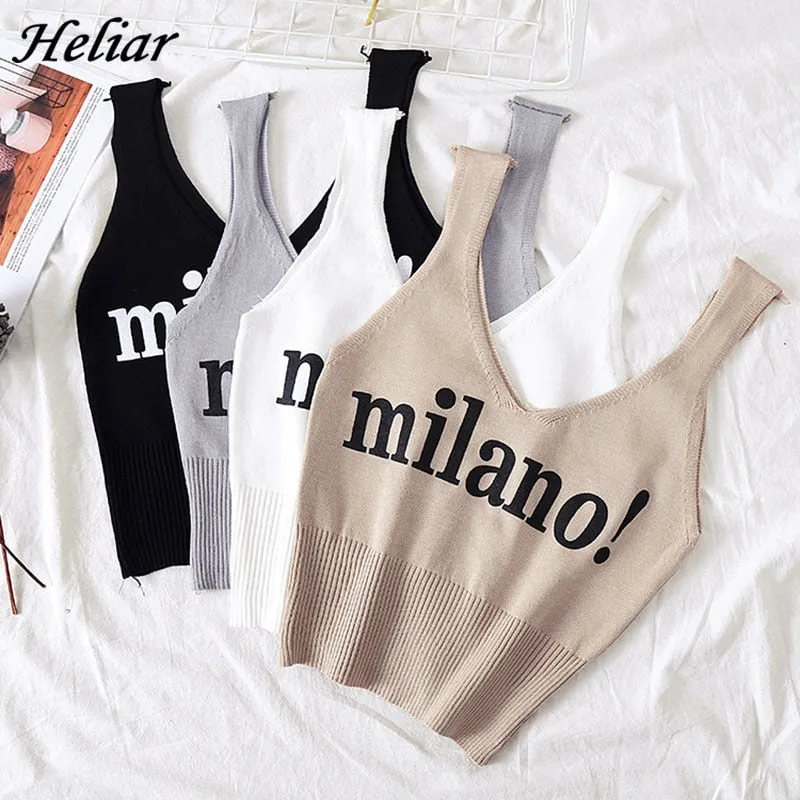 HELIAR Tops Women Sexy Crop Tops Deep V Neck Lettering milano! Camis