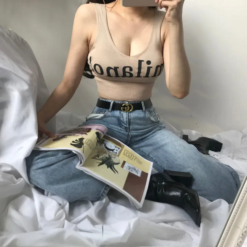 HELIAR Tops Women Sexy Crop Tops Deep V Neck Lettering milano! Camis