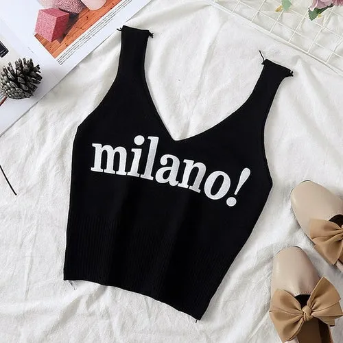 HELIAR Tops Women Sexy Crop Tops Deep V Neck Lettering milano! Camis