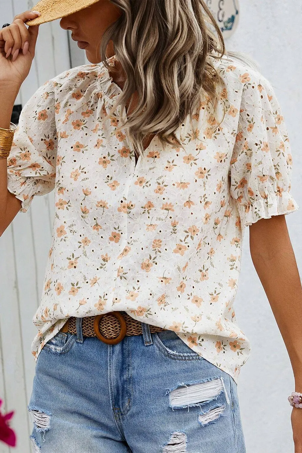 Hemsley, V Neck Puff Sleeve Floral Blouse