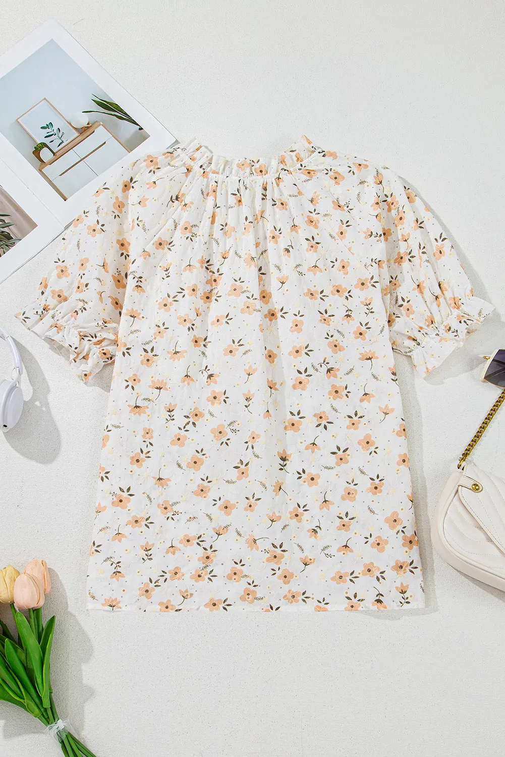 Hemsley, V Neck Puff Sleeve Floral Blouse