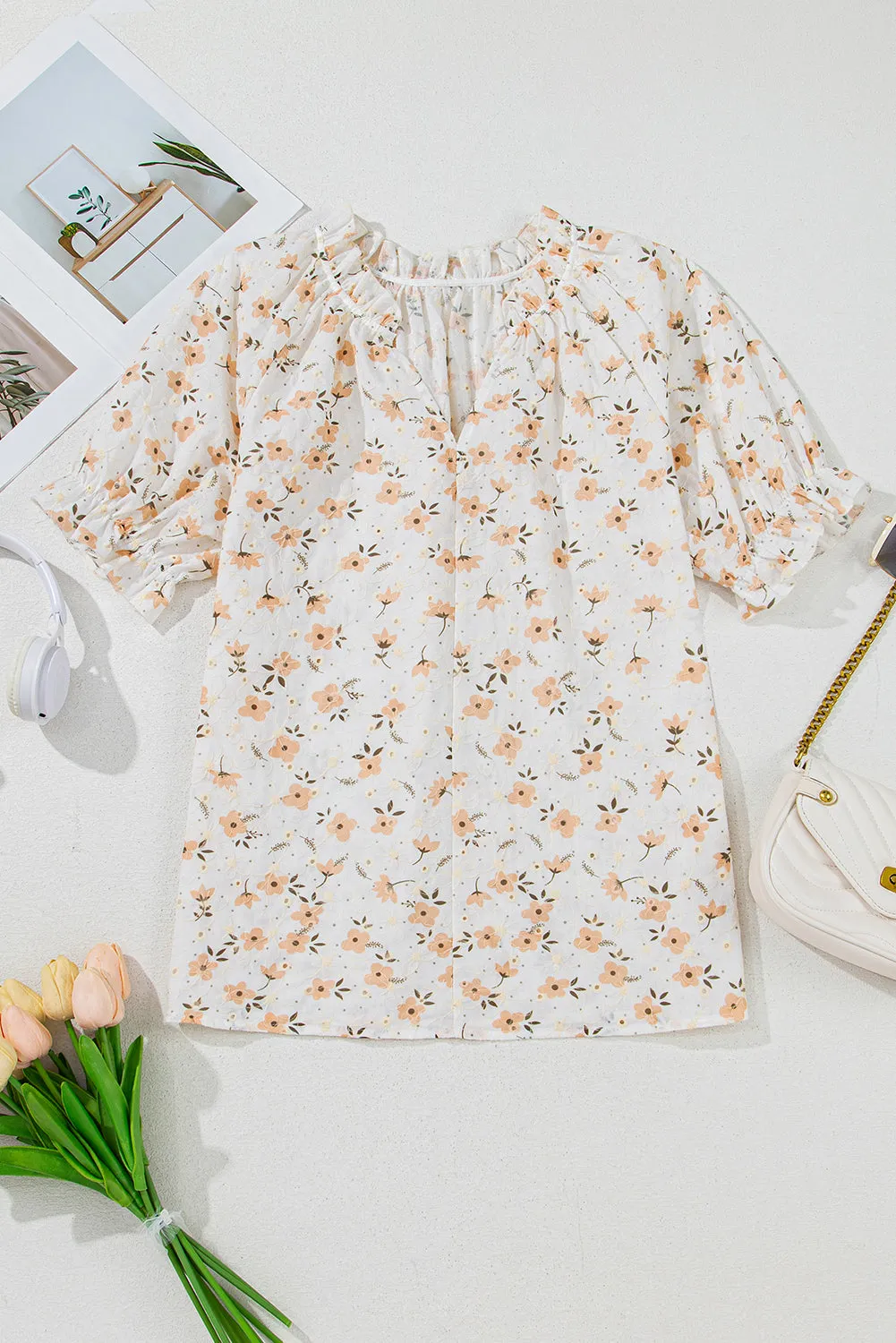 Hemsley, V Neck Puff Sleeve Floral Blouse