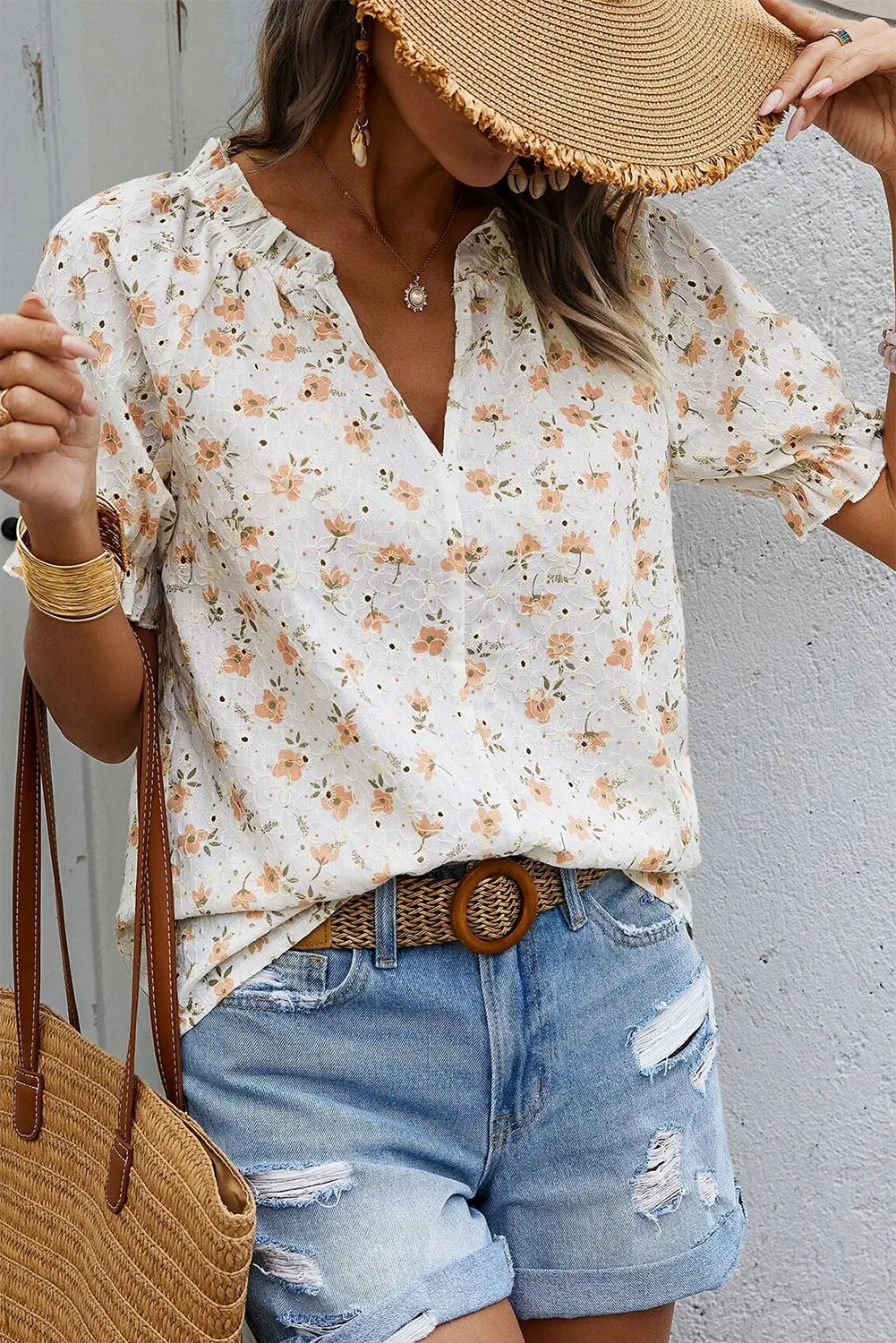 Hemsley, V Neck Puff Sleeve Floral Blouse