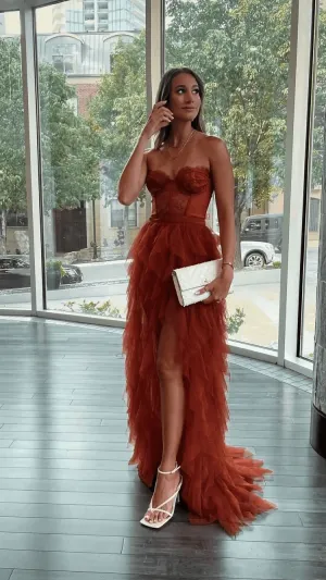 Hot Rust Red High Low Prom Dresses 2024 Tulle Sweetheart Long Formal Dress Tiered