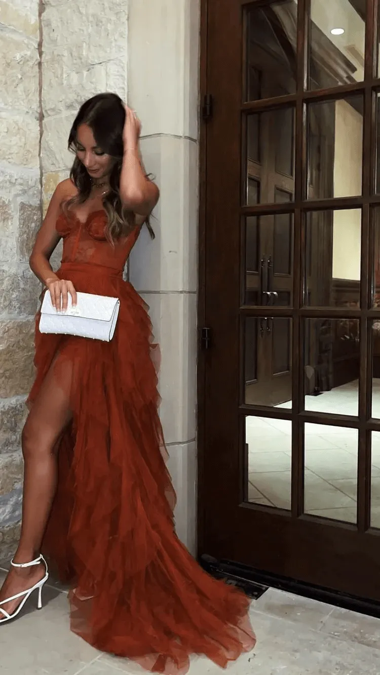Hot Rust Red High Low Prom Dresses 2024 Tulle Sweetheart Long Formal Dress Tiered