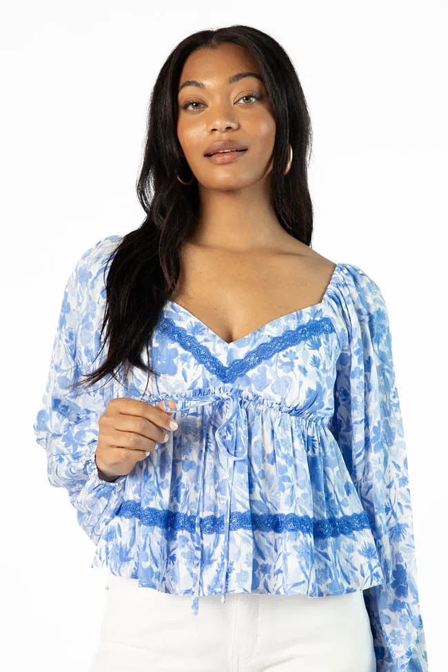 In My Dreams Blue Lace Trim Floral Blouse SALE