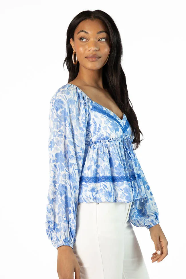 In My Dreams Blue Lace Trim Floral Blouse SALE