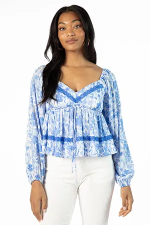 In My Dreams Blue Lace Trim Floral Blouse SALE