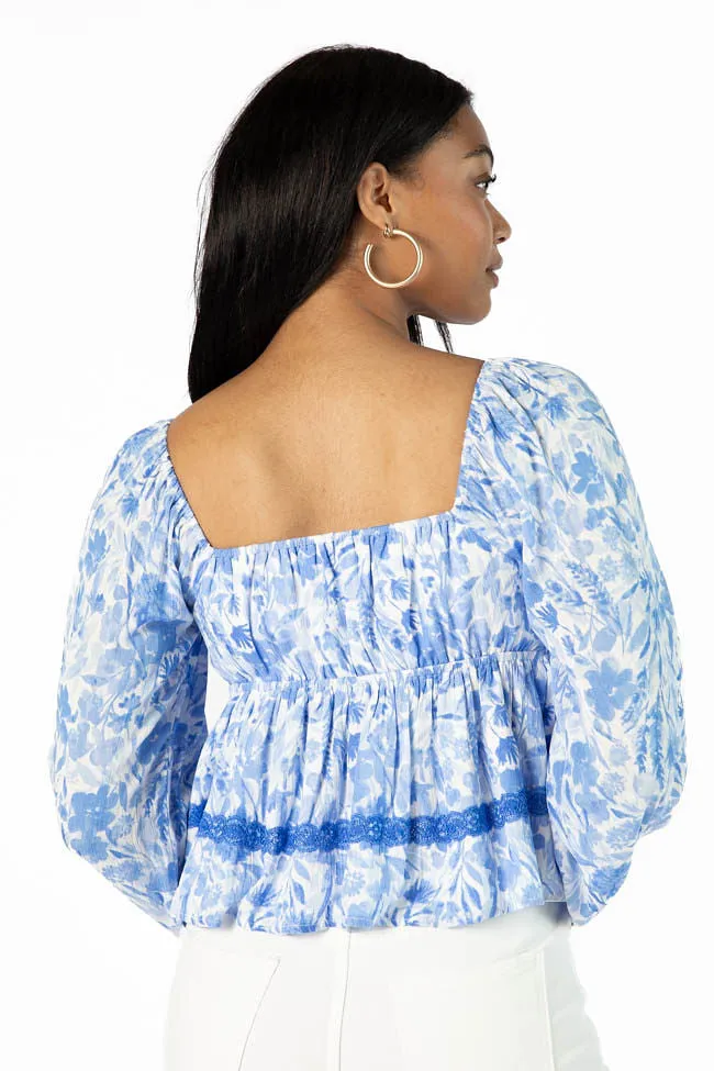 In My Dreams Blue Lace Trim Floral Blouse SALE