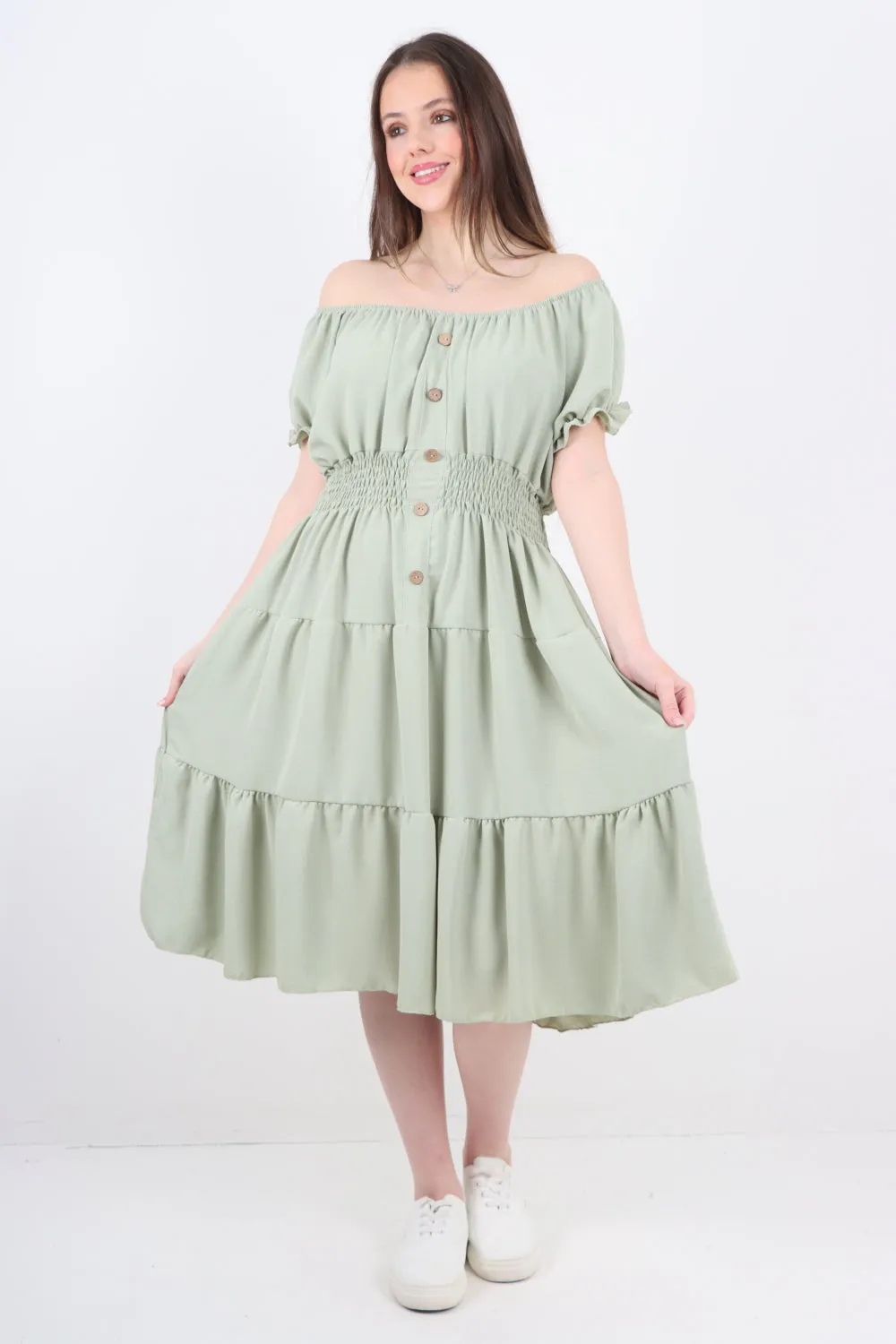 Italian Off The Shoulder Elasticated Waist Tiered Midi Dress